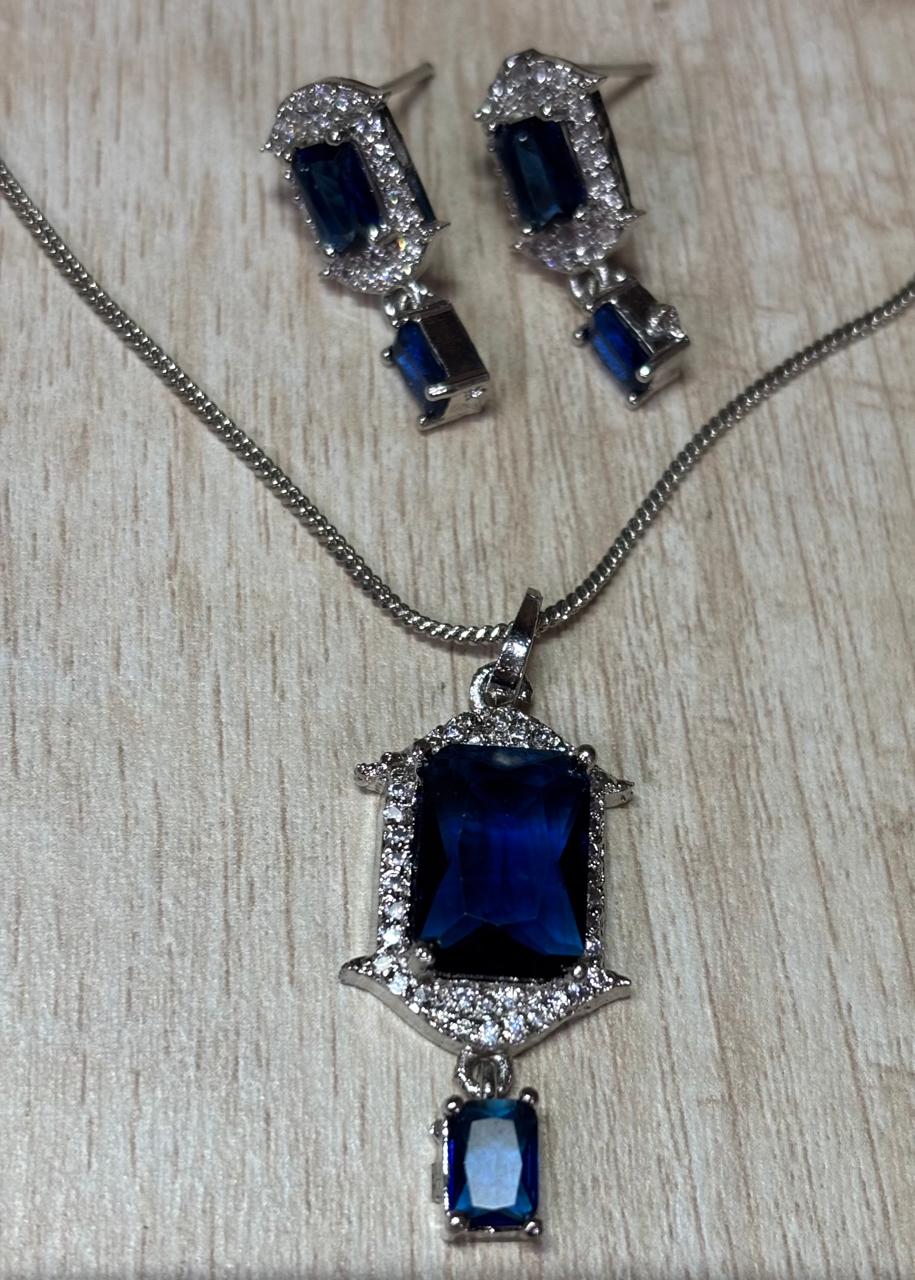 Graceful American diamond Blue stone work pendant set with chain