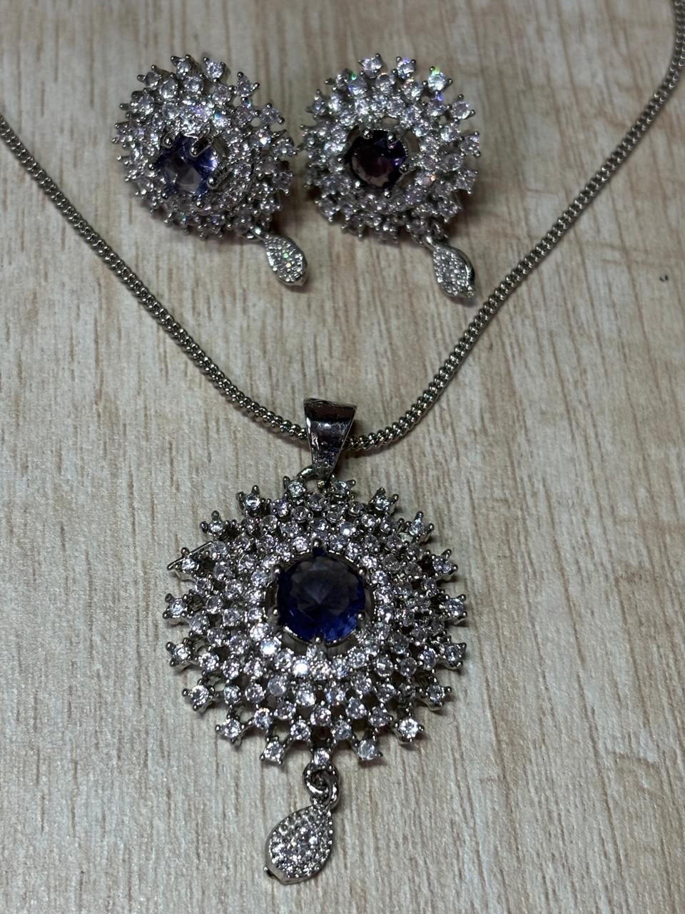 Beautiful American diamond silver plated pendant set with chain