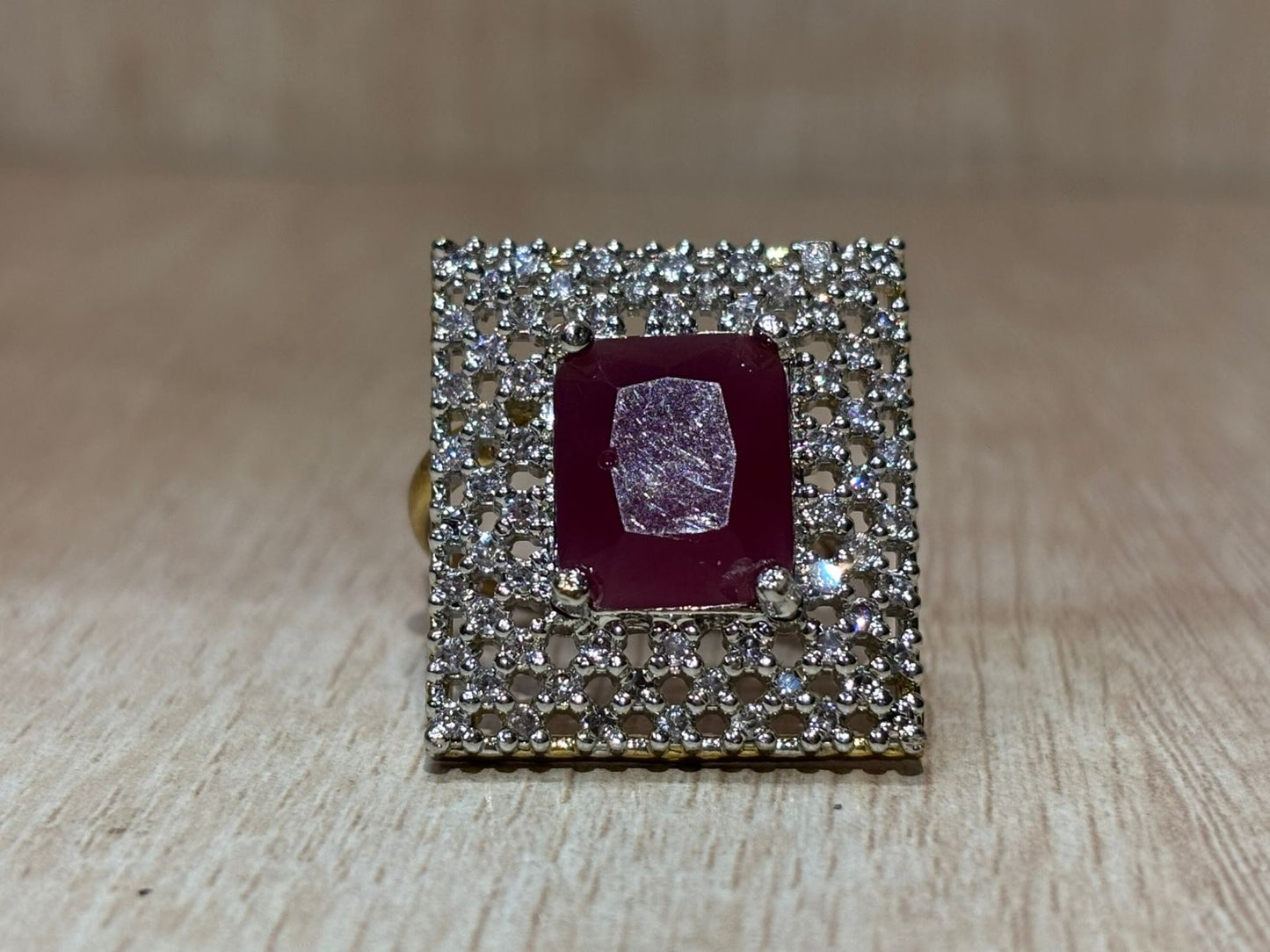 American diamond silver golden square shape ring